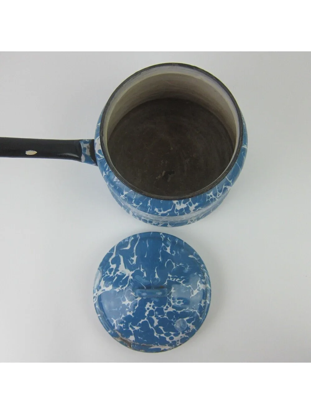 Antique Graniteware Enamelware Pot Blue & White Swirl with Lid Preserving Kettle